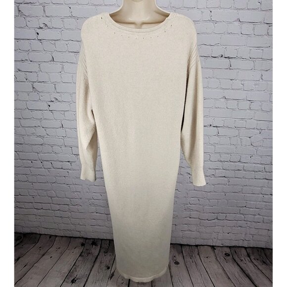 Free People Beige Plunge Long Sleeve Side Slits Maxi Sweater Dress Size Medium M - Picture 2 of 15